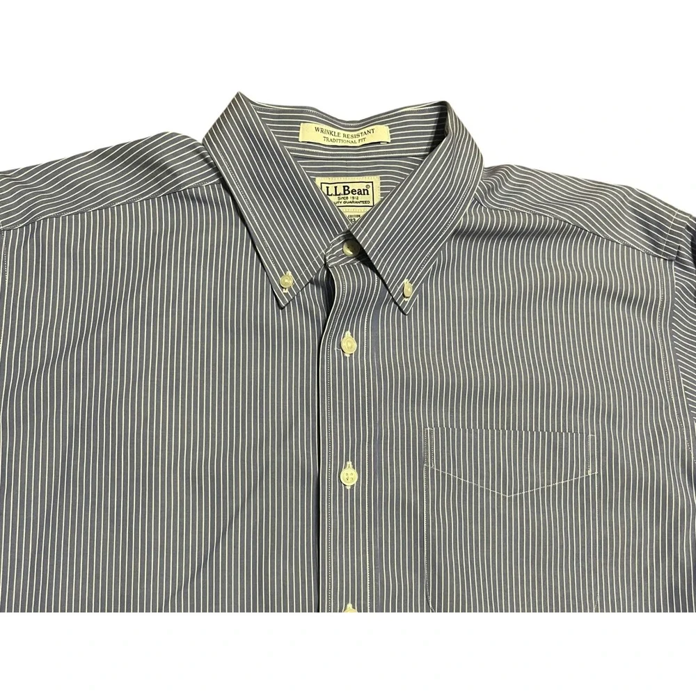 LL Bean Mens Blue White Pinstripe Wrinkle Resistant Shirt 16-33 Traditional‎ Fit